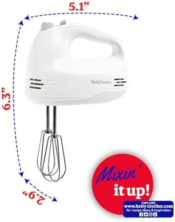 Betty Crocker 5-Speed Hand Mixer, 150 Watts Power, Easy-Clean Chrome Plate Beaters, Beater Eject Button, Heel Rest, Sleek Compact Design, Apartment Essentials, BC-4203WT, White