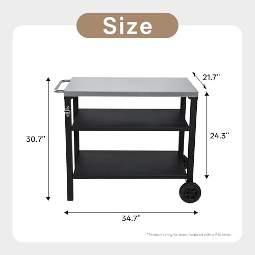 KEIKI 3-Tier Outdoor Grill Cart Table with 2 Wheels, Movable BBQ Cooking Prep Table, Pizza Oven Table, Serving Bar Cart for Backyard, Indoor, Outside, Kitchen Room, Stainless Steel