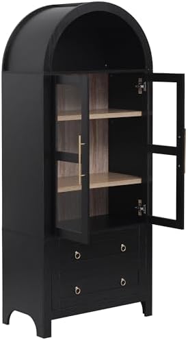 Merax 71" Tall Arched Farmhouse Pantry Cabinet with Glass Doors & 2 Large Drawers - Adjustable Shelves, Modern Kitchen Storage Cupboard for Dining Room, Living Room (30" W x 15.75" D), Black