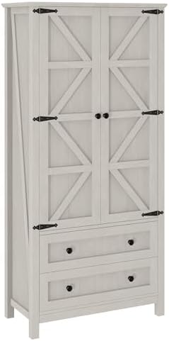 DWVO 64.5" Pantry Cabinet with Barn Doors, 2 Drawers & Shelves, Off White