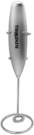 BlendWell Electric Milk Frother for Matcha and Coffee, Handheld Battery Operated Drink Mixer with Stand, Stainless Steel Whisk, Silver