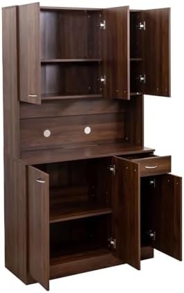 KEIKI 70.87" Tall Kitchen Pantry Storage Cabinet with Countertop, 6-Doors, 1 Drawers, Microwave Stand and Shelves, Freestanding Wood Hutch Food Pantries Cupboard for Coffee Bar, Dining Room