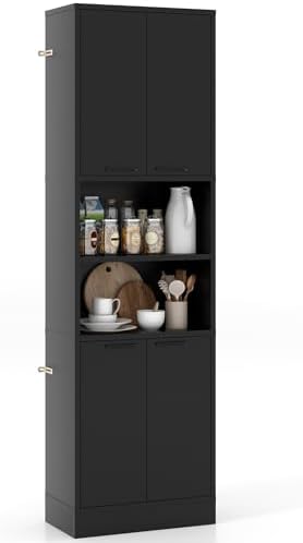 GIANTEX Kitchen Pantry Cabinet, 75” Tall Freestanding Cupboard with Doors & Shelves, Safety Hinges & Anti-Tipping Devices, Storage Sideboard for Dining Room, Living Room (Black)