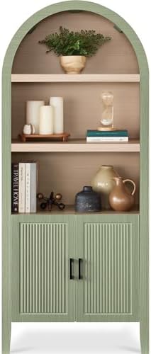 Best Choice Products 72" Tall Arched Pantry Cabinet w/Reeded Doors, 5-Tier Bookshelf, Armoire, Hutch, Bookcase, Storage Cabinet w/Adjustable Shelves, for Dining Room and Livingroom - Sage