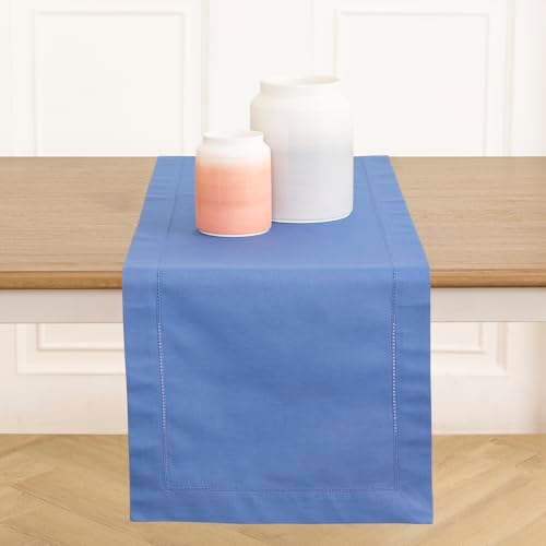 Solino Home Cotton Linen Table Runner Blue, Hemstitch Collection 14 x 72 in