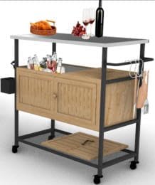 Outdoor Grill Cart with Ice Bucket, Wood & Iron Patio Serving Trolley