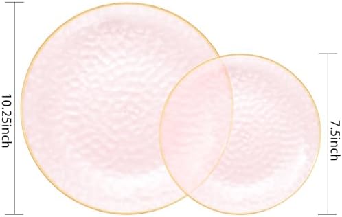 Rubtlamp 100Pcs Clear Pink Gold Plastic Plates, Pink Disposable Plates With Gold Rim, Hammered Plastic Plates Include 50 Clear Dessert Platos, 50 Dinner Platos for Party