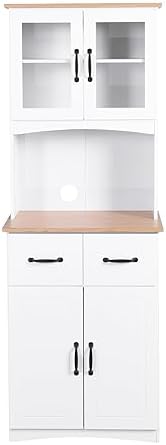 GDFStudio Wooden Kitchen Pantry Cupboard with Framed Glass Doors & Drawer, Freestanding Storage Cabinet Hutch, Kitchen Living Room Rectangle Storage Cabinet, Home Organization Cupboard, White