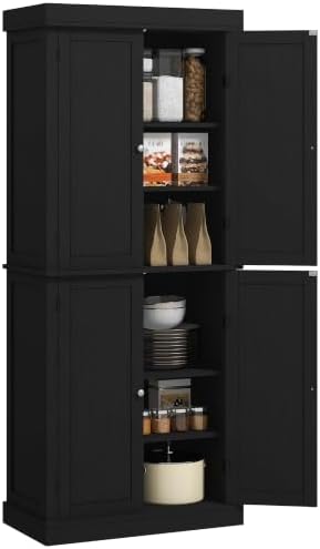 HOMCOM 72.5" Tall Kitchen Pantry Cabinet 4 Doors Modern Black Wood Grain