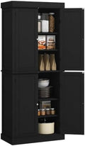 HOMCOM 72.5" Tall Kitchen Pantry Cabinet 4 Doors Modern Black Wood Grain
