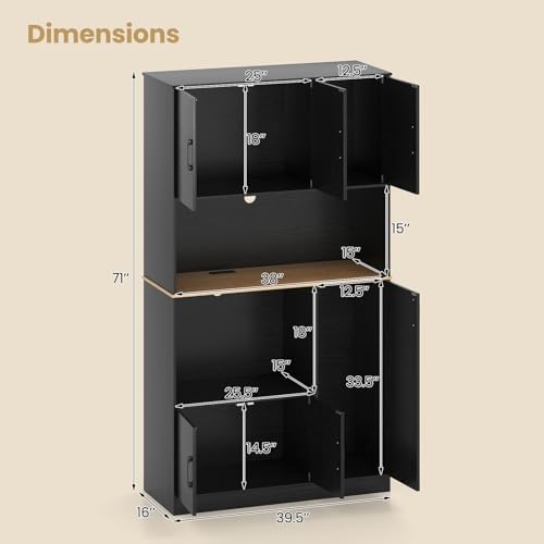 Giantex Kitchen Pantry Cabinet, 71” Tall Kitchen Hutch with Power Outlet, Wooden Microwave Stand with Large Countertop & 4 Storage Cabinets, Modern Cupboard for Kitchen, Dining Room, Coffee Bar, Black