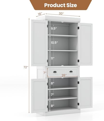 GIANTEX Pantry Organizers and Storage, 72" Tall Kitchen Cabinet with 2-Door Cabinets & Drawer, Buffet Sideboard w/Adjustable Shelves, Wooden Freestanding Cupboard for Dining Room Living Room (White)
