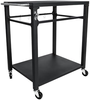KEIKI 2-Tier Outdoor Grill Cart Table with 4 Wheels, Tool Hooks, Movable BBQ Cooking Prep Table, Pizza Oven Table, Serving Bar Cart for Backyard, Indoor, Outside, Kitchen, Stainless Steel