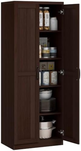 HOMCOM 63" Kitchen Pantry Cabinet with Doors and Adjustable Shelves, Cherry