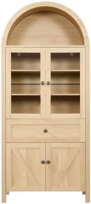 GDFStudio 71'' Arched Kitchen Pantry Cabinet, Wooden Pantry Cabinets for Kitchen Storage, Kitchen Storage Furniture with Adjustable Shelves, Multi-Functional Bookcase for Living Room, Oak