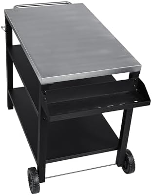 KEIKI 3-Tier Outdoor Grill Cart Table with 2 Wheels, Seasoning Tray, Movable BBQ Cooking Prep Table, Pizza Oven Table, Serving Bar Cart for Backyard, Indoor, Outside, Kitchen Room, Stainless Steel