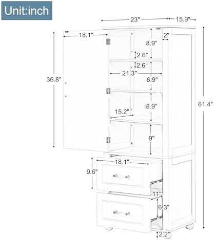 Merax 61.4" Pantry Cabinet with One Door & Two Drawers, Adjustable Shelves Storage Cupboard for Kitchen/Dining Room/Bathroom, Soild Wood Legs, Black