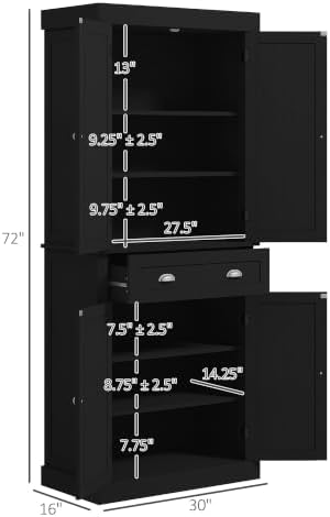 HOMCOM 72.5" Kitchen Pantry Cabinet Freestanding 4 Doors Black Wood Grain
