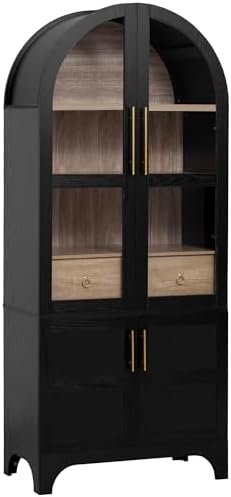 GDFStudio Mariah 71" Tall Arched Kitchen Pantry Cabinet with Hidden Drawer, Glass Door & Adjustable Shelves, Farmhouse Storage Cabinet Cupboard for Kitchen Dining Room, Home Pantry Storage, Black
