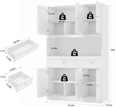 BOTLOG 72" Kitchen Pantry Cabinet, Kitchen Hutch with Microwave Stand, Buffet Cabinet with Hutch for Dining Room, White