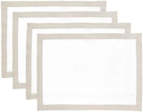 Solino Home 100% Linen Placemats, 14 x 19 in, Natural and White, Set of 4