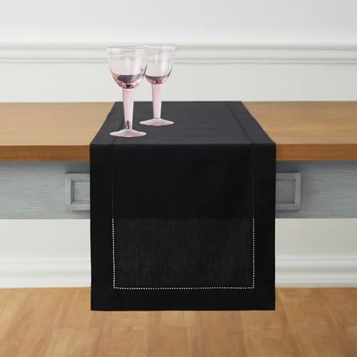 Solino Home Cotton Linen Table Runner Black Hemstitch, 14 x 108 in