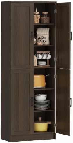 HOMCOM 67" Freestanding Kitchen Pantry 4-Door Cabinet Distressed Brown