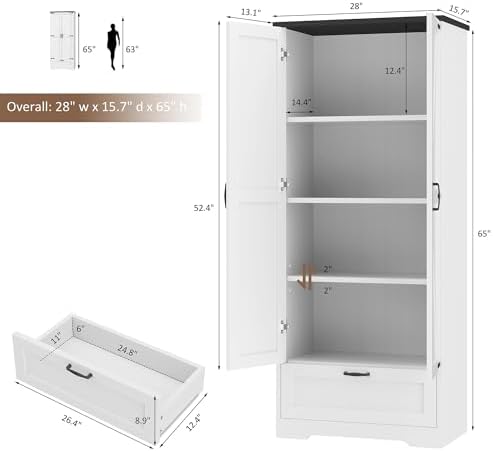 Shintenchi 65" Kitchen Pantry Cabinet, Farmhouse Tall Cupboard, White