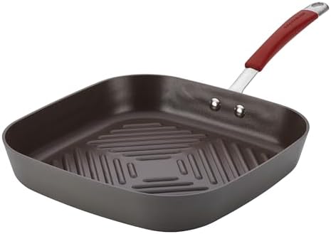 Rachael Ray Cucina Hard-Anodized Nonstick 11-Inch Deep Square Grill Pan, Gray with Cranberry Red Handle - 87632