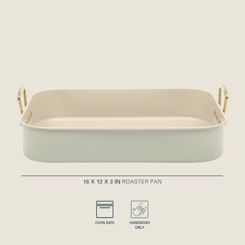 Gibson Home Broxton 2-Piece Nonstick Roaster Pan with Rack – 16 x 12 Inch Mint Green Turkey Roasting Pan with Cast Aluminum Gold Handles – Oven-Safe, Easy-Clean, Holiday Cookware