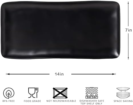 Melamine Rectangular Serving Platters and Trays set, set of 4,14” x 7” Matte Black Party Platter for Serving Food, Salad, Cheese and Fruits, Dishwasher Safe Trays/Platters for Entertaining