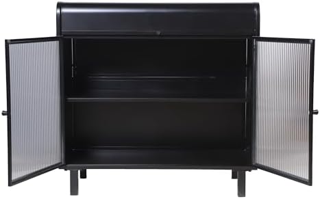 KEIKI 31" Kitchen Pantry, Modern Sideboard Buffet Cabinet with Figured Glass Doors & Flip Top & Open Shelves, Spacious Industrial Metal Organizer for Living Room & Kitchen