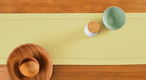 Solino Home Cotton Linen Dining Table Runner Yellow Hemstitch, 14 x 108 in