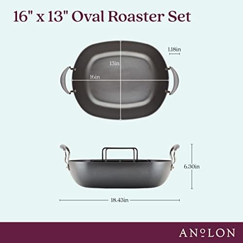 Anolon Advanced Hard Anodized Nonstick 2 Piece Roaster/Roasting Pan with Wire Rack, Oval, 16 Inch x 13 Inch, Dark Gray