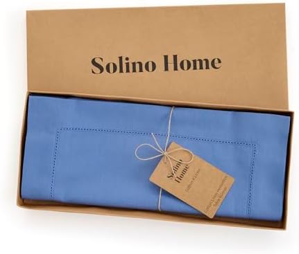 Solino Home Cotton Linen Table Runner Blue, Hemstitch Collection 14 x 36 in