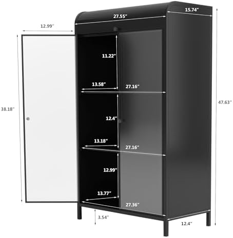 KEIKI 47.6" Tall Kitchen Pantry, Modern 4-Tier Sideboard Buffet Cabinet with Figured Glass Doors & Flip Top & Open Shelves, Industrial Metal Organizer for Living Room & Kitchen