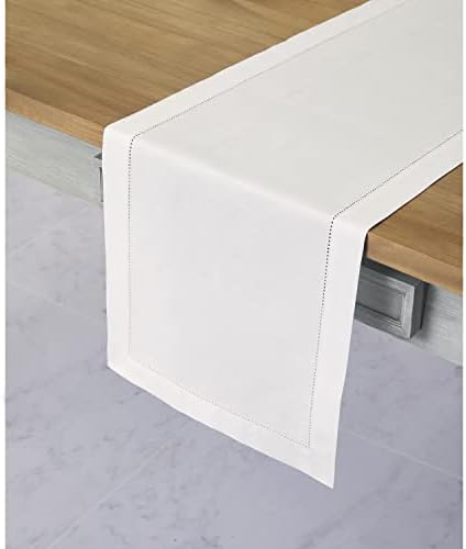 Solino Home Cotton Linen Table Runner White Hemstitch, 14 x 48 in