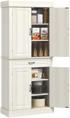 HOMCOM 71" Freestanding Kitchen Pantry Cabinet 4 Doors Distressed White