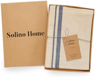 Solino Home 100% Linen Placemats, 14 x 19 in, Navy, French Stripe, Set of 4