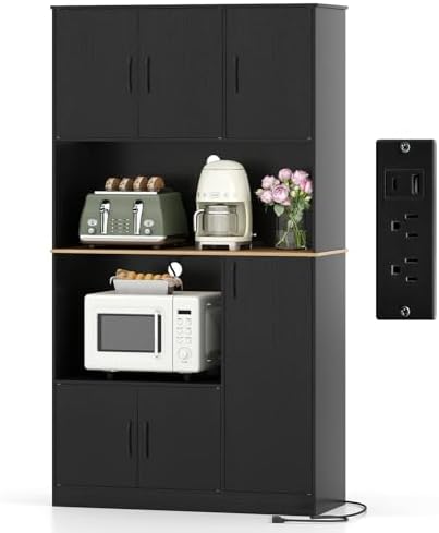 Giantex Kitchen Pantry Cabinet, 71” Tall Kitchen Hutch with Power Outlet, Wooden Microwave Stand with Large Countertop & 4 Storage Cabinets, Modern Cupboard for Kitchen, Dining Room, Coffee Bar, Black