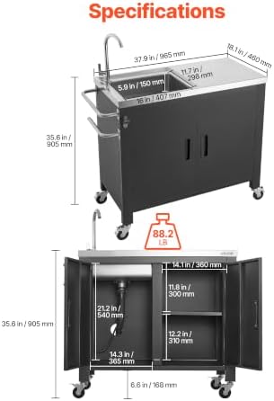VEVOR Outdoor Grill Cart with Sink and Storage Cabinet, 38 Inch Grill Table, Waterproof Kitchen Island with Stainless Steel Top, Spice Rack, Wheel, Movable Food Prep Station for Patio Bar Backyard BBQ