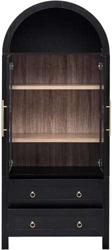 Merax 71" Tall Arched Farmhouse Pantry Cabinet with Glass Doors & 2 Large Drawers - Adjustable Shelves, Modern Kitchen Storage Cupboard for Dining Room, Living Room (30" W x 15.75" D), Black