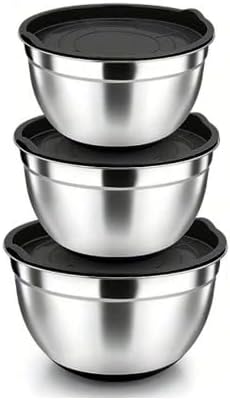 Stainless Steel 304 Mixing Bowls with Airtight Lids, Set of 3 Large Medium Small 1.5L 2L 3L (1.6QT 2.1QT 3.2QT) Food-Grade Metal Nesting Salad Bowls - Rust-Resistant, Dishwasher Freezer Safe