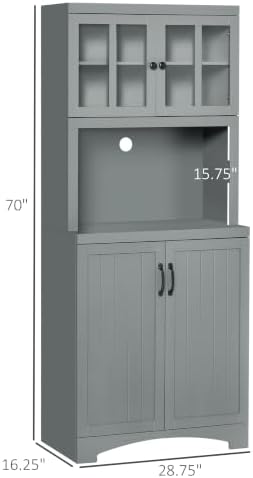HOMCOM Kitchen Hutch 70" Pantry Cabinet Glass Framed Door Dining Room Gray
