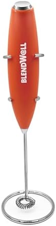 BlendWell Electric Milk Frother for Matcha and Coffee, Handheld Battery Operated Drink Mixer with Stand, Stainless Steel Whisk, Orange