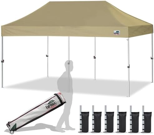 Eurmax USA Standard 10'x20' Patio Pop Up Canopy Tent Commercial Instant Canopies with Heavy Duty Roller Bag,Bonus 6 Sand Weights Bags(Khaki)