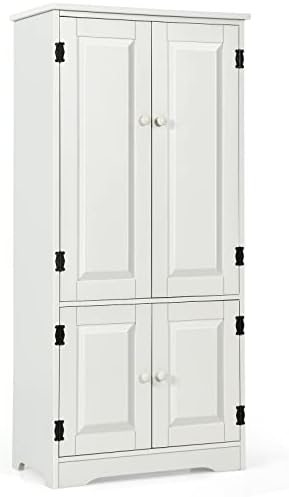 GIANTEX Kitchen Pantry Storage Cabinet, Wood Cupboard Organizer, Adjustable Shelf & Anti-Tilt Design Floor Cabinet for Living Room Bathroom (Cream White)