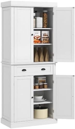 HOMCOM 72.5" Kitchen Pantry Cabinet Freestanding 4 Doors White Wood Grain