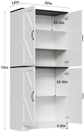 Garvee 70" Kitchen Pantry Cabinet, Farmhouse Tall Pantry Storage with Barn Doors and Adjustable Shelves, Wood Cupboard Locker for Kitchen, Dining Room, Living Room, Garage, White