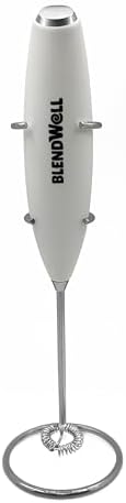 BlendWell Electric Milk Frother for Matcha and Coffee, Handheld Battery Operated Drink Mixer with Stand, Stainless Steel Whisk, White
